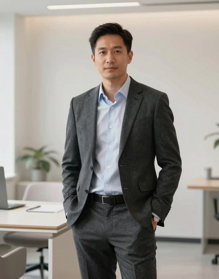 A professional portrait of a creative strategist in a light-filled, minimalist modern office. The setting is professional and elegant with off white and slate furniture. North American / International corporate style.