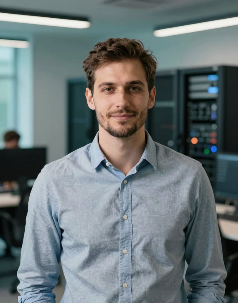 A professional portrait of a tech lead with Eastern European features, standing in a contemporary office space with soft teal accents and blurred servers in the background.