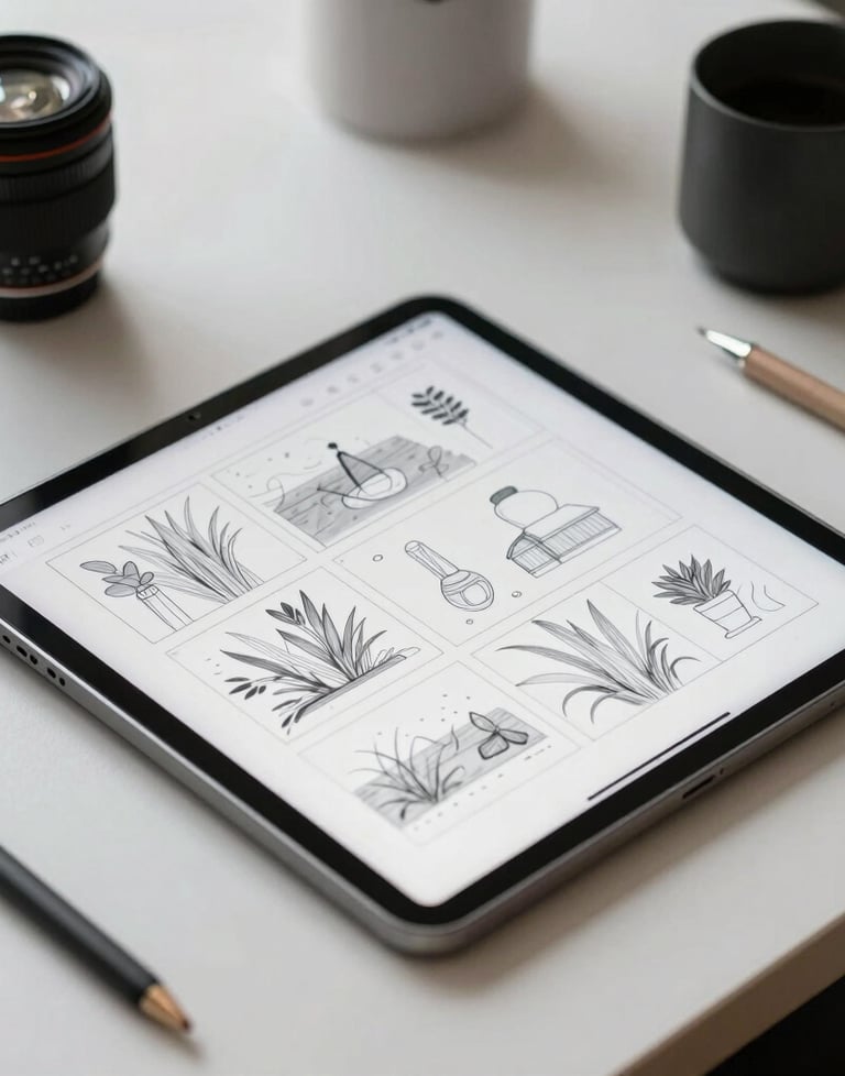 A designer's desk with a large tablet showing a storyboard sketch. Minimalist aesthetic, soft natural light, professional creative tools.