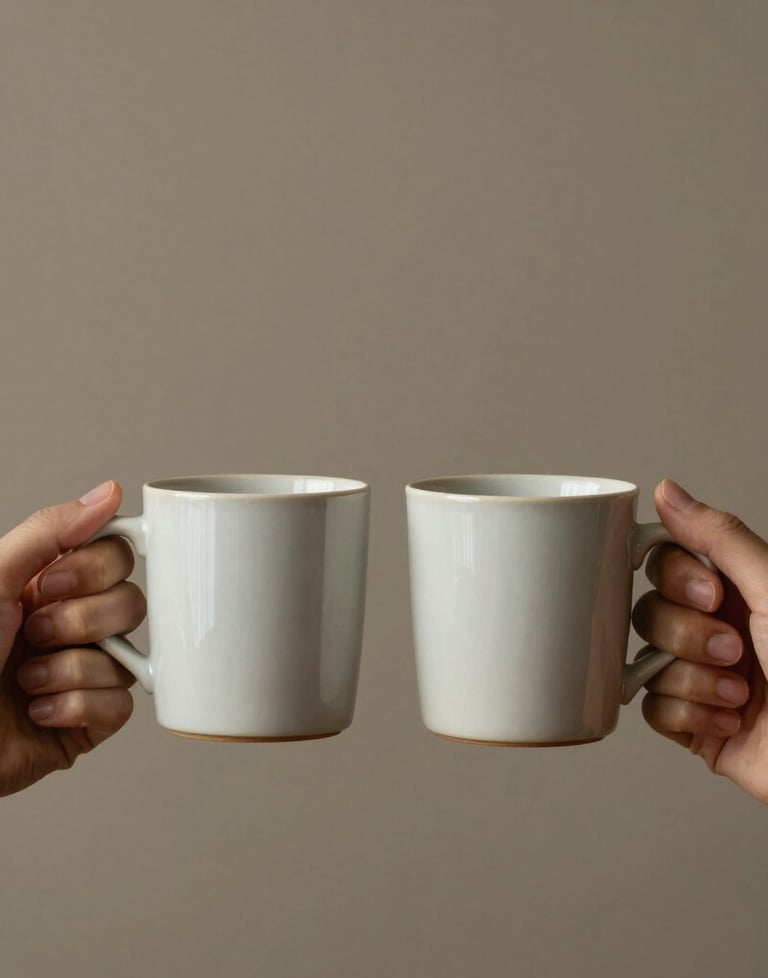 Minimalist shot of two hands holding warm ceramic mugs, representing the warmth of human contact versus digital screens.