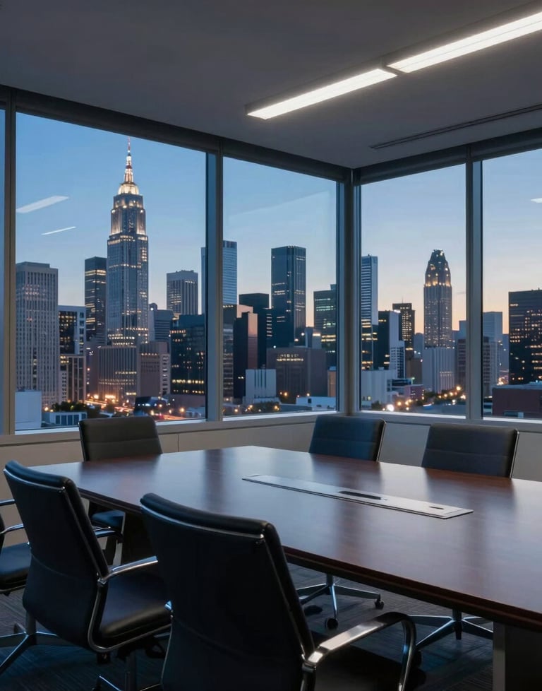 A photo of a modern boardroom with large windows overlooking a North American skyline at dusk. The interior is professional with a palette of deep navy and steel blue.