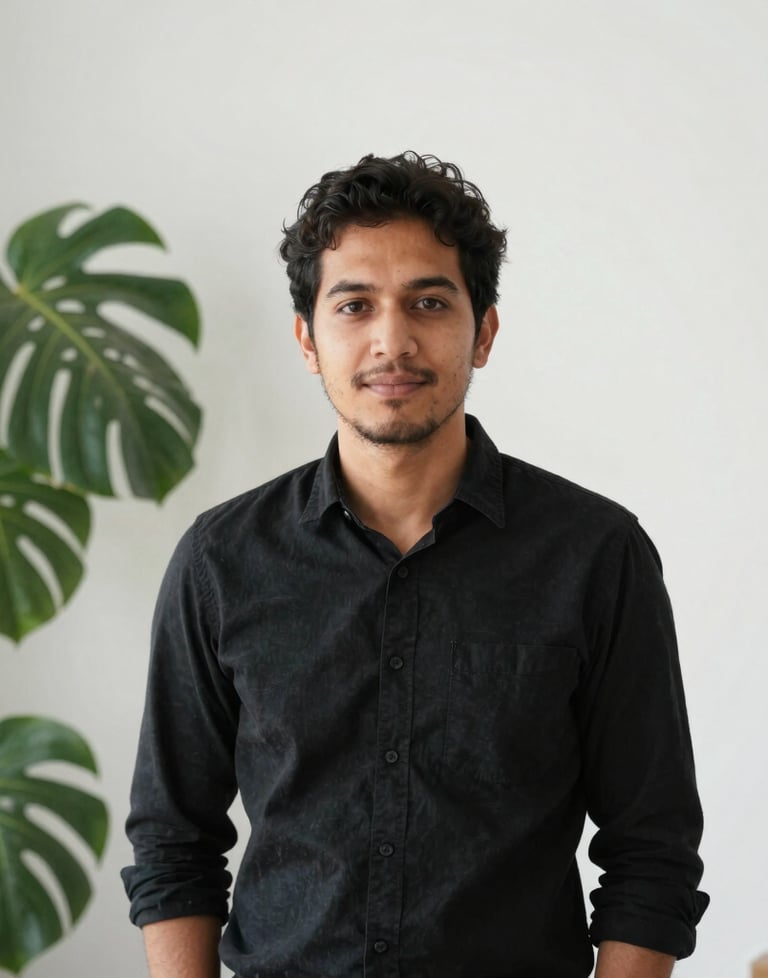 Portrait of a creative professional in a simple black shirt, standing in a bright minimalist room with white walls and a large plant. International / General.