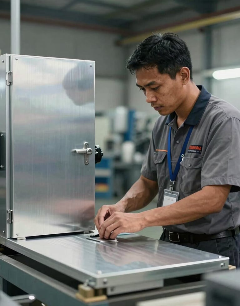 Seorang spesialis logistik Asia Tenggara sedang memeriksa kualitas akhir pintu aluminium yang sudah selesai diproduksi sebelum dikirim.