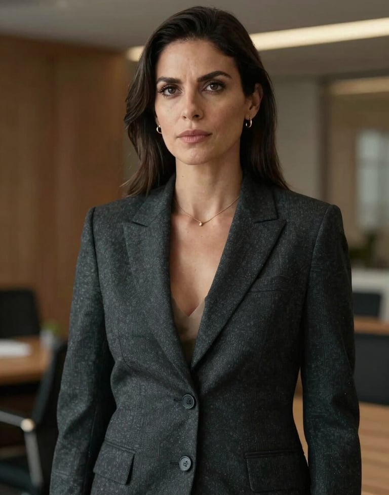 Candid professional portrait of a woman in a dark charcoal power suit in a high-end corporate setting in Bogotá, Colombia, serious and confident expression.