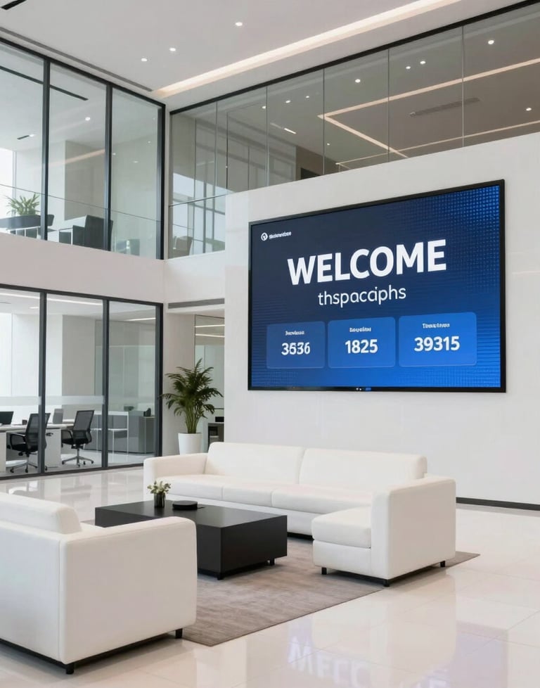 Clean, bright photography of a modern Indonesian tech office lobby. Sleek white furniture, glass walls, and a large digital welcome screen. Sophisticated and minimalist.