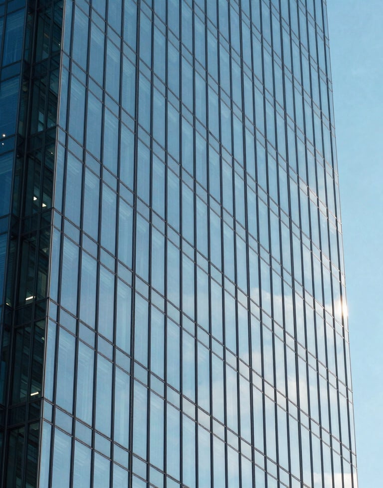 A minimalist shot of a modern glass skyscraper reflecting a bright blue sky, symbolizing clarity and growth. North American / Global Financial Market.