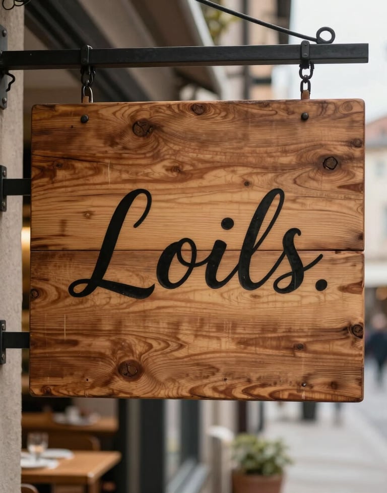 A close-up of a rustic wooden sign outside a modern restaurant. The sign has elegant typography. The blurred background shows a cozy European street.