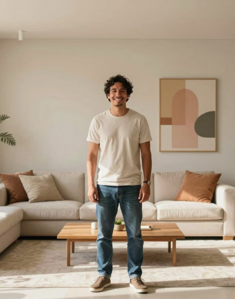 A smiling architect standing in a beautifully designed, minimalist living room. Light beige and salmon tones. South American &amp;#x2F; Brazilian setting, sunny day.