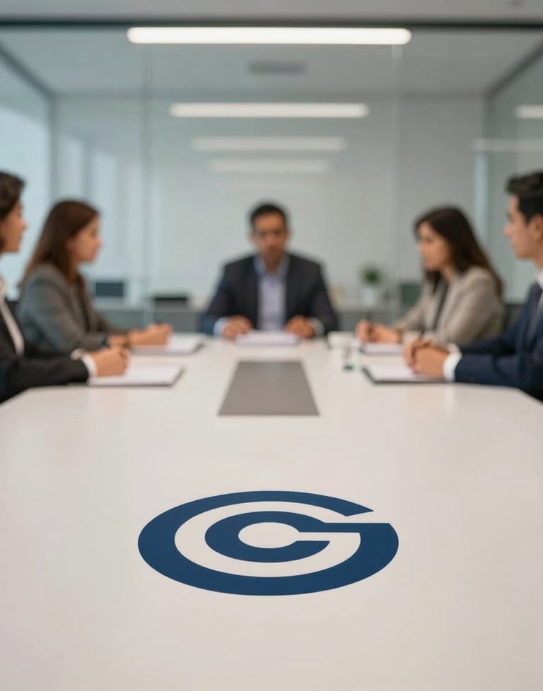 A modern meeting room in a Latin American office with a glass wall. A team is visible in the background, out of focus, while the foreground shows a clean table with a logo icon.