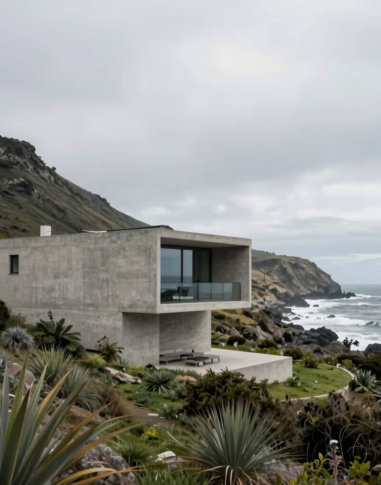 Wide shot of a modern Chilean coastline with a minimalist concrete house integrated into the landscape, overcast lighting.