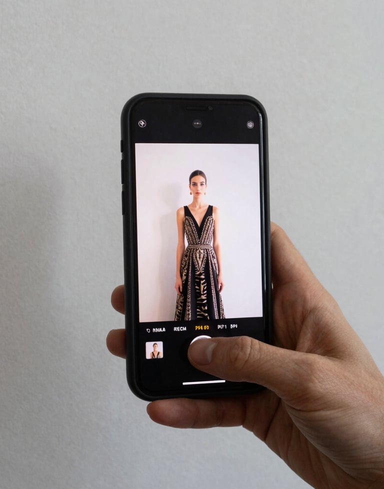 Una mano sosteniendo un smartphone que muestra una galer&iacute;a de im&aacute;genes de alta costura, con un fondo de pared blanca y sombras suaves.
