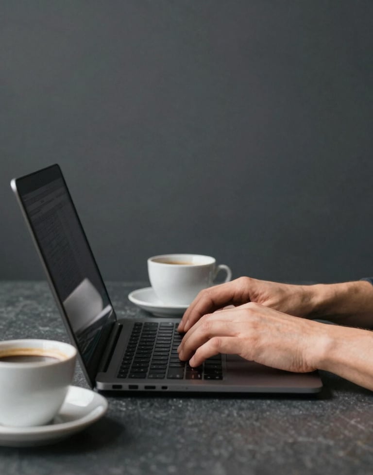 An agency team member typing on a laptop with a cup of coffee nearby, dark slate gray background, cozy scandinavian aesthetic.