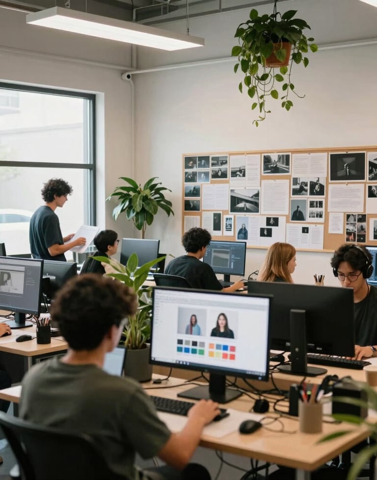 A wide shot of a brightly lit, collaborative North American creative studio with mood boards, high-definition monitors, and greenery, in an international setting.