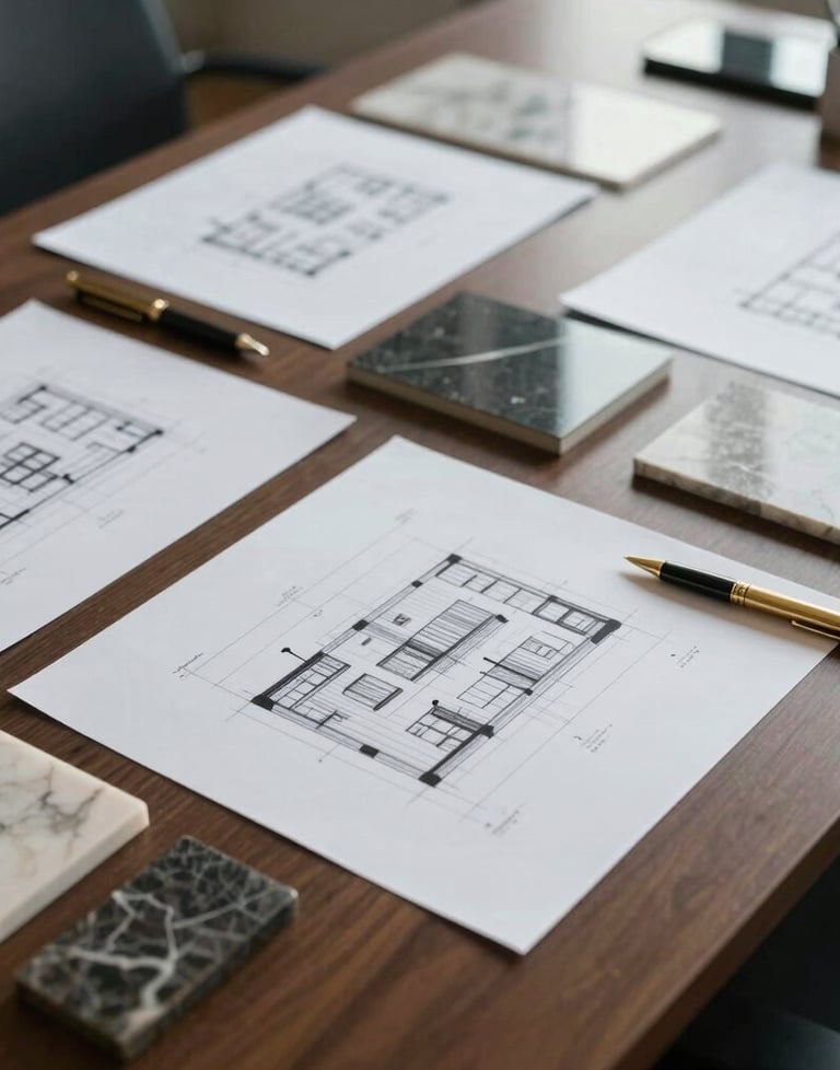 A professional overhead shot of a corporate boardroom table with architectural drawings, marble samples, and gold pens. Global Professional / International.