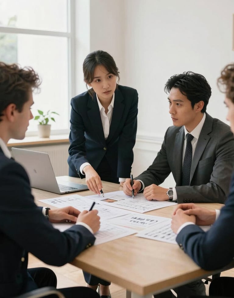 An elegant business meeting in a bright French office. Professional individuals are discussing a storyboard. High-end, clean environment.