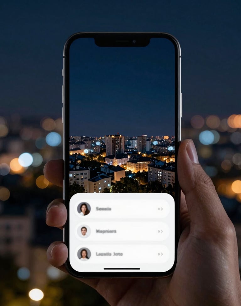 A portrait-style shot of a modern smartphone showing a fluid UI transition. The backdrop is a blurred Kyiv cityscape at night, with dark navy blue and light blue bokeh effects. High-end lifestyle photography.