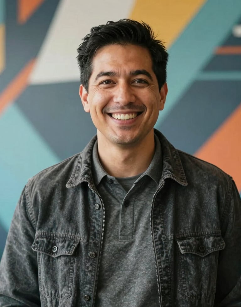 A portrait of a founder in a tech-casual North American outfit, smiling in front of a modern mural. Efficient, trustworthy, and forward-thinking energy.