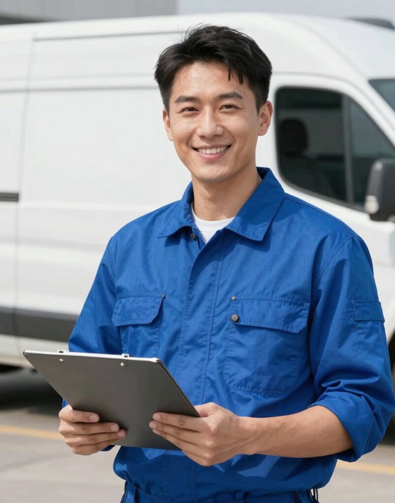 A portrait of a friendly HVAC service specialist wearing a clean blue uniform, holding a professional folder, with a modern white service van in the background.