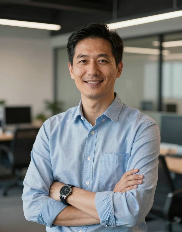 A professional portrait of a tech expert in a modern North American office. The atmosphere is approachable and inspiring, with a focus on simplicity and efficiency.