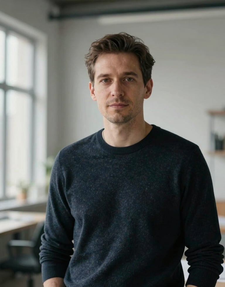 A professional portrait of an industrial designer in a modern, light-filled studio. They are wearing a simple, dark-colored sweater, reflecting a minimal and professional aesthetic. Soft, natural lighting.