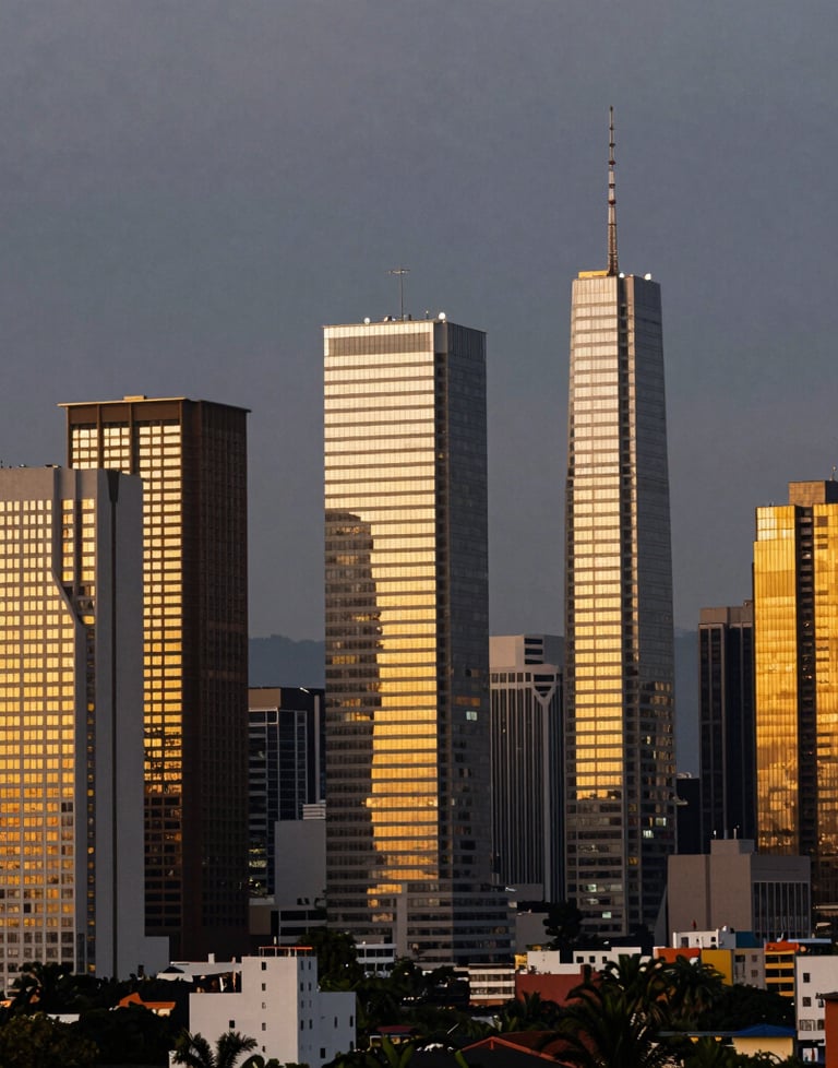 Cinematic shot of a South American skyline at dusk, with several modern towers featuring golden-lit windows against a graphite sky.