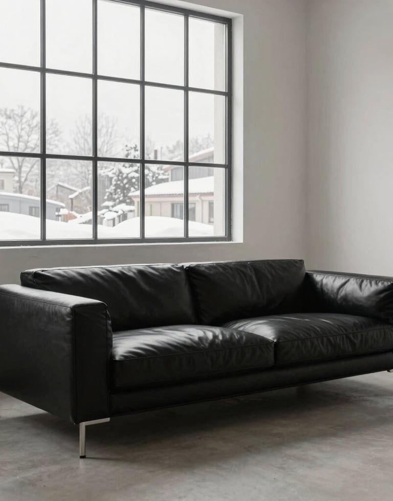 An ultra-modern minimalist living space with a black leather sofa and a large industrial window. Cold winter light, off-white and charcoal grey tones.