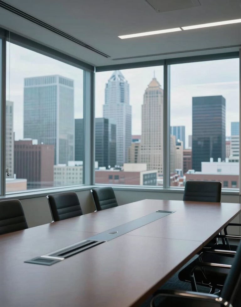 Structured photograph of a corporate meeting room with large windows overlooking a North American financial district, lit in soft sky blue.