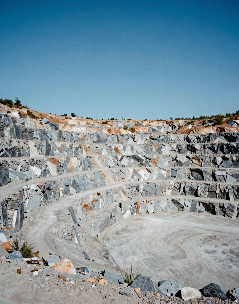 A wide-angle shot of a North American quarry with structured terraces of gray stone under a clear blue sky.