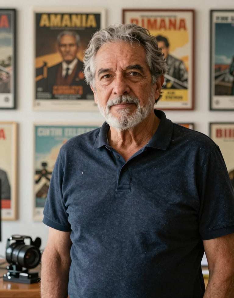 Portrait of a senior film editor in a South American studio, with a wall of film posters behind him. Natural lighting, warm and sophisticated.