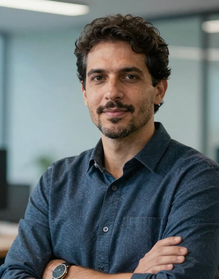 A professional portrait of a tech leader in a Brazilian office setting. They are looking confidently at the camera, wearing professional but casual tech attire. Soft blue background.