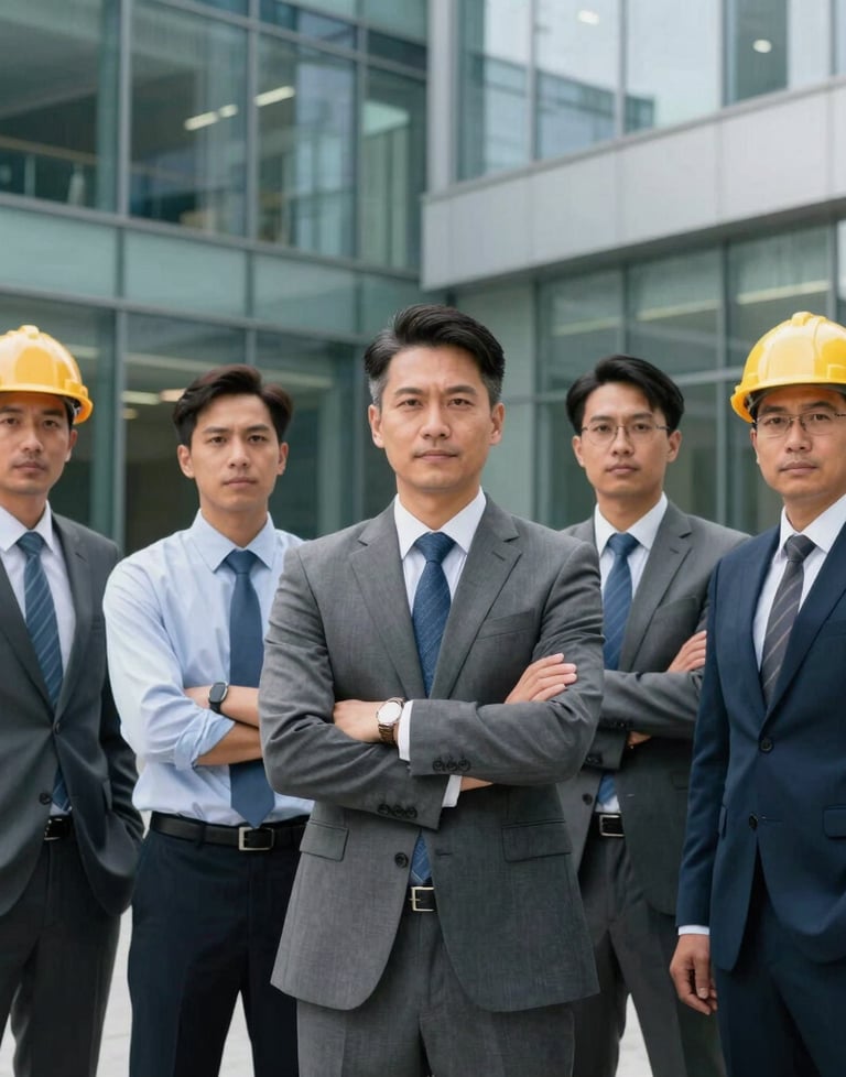 A group of professional engineers in North American corporate attire standing in front of a modern glass office. They look confident and authoritative, conveying reliability and trust.