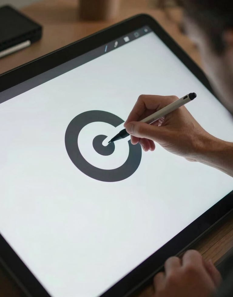 A designer in a North American studio using a digital pen to refine a logo design on a large interactive display, soft cinematic lighting.
