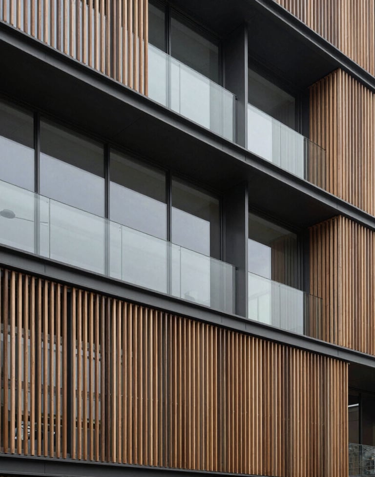 Clean, architectural shot of a modern office building with traditional Japanese wooden slats and large windows. Muted charcoal and light gray colors. Hispanic / Japanese-inspired style.