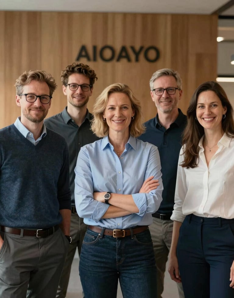 A professional portrait of the management team founders of AIOAYO GmbH in a modern warm-toned office in Germany, wearing smart casual business attire, smiling warmly and confidently.