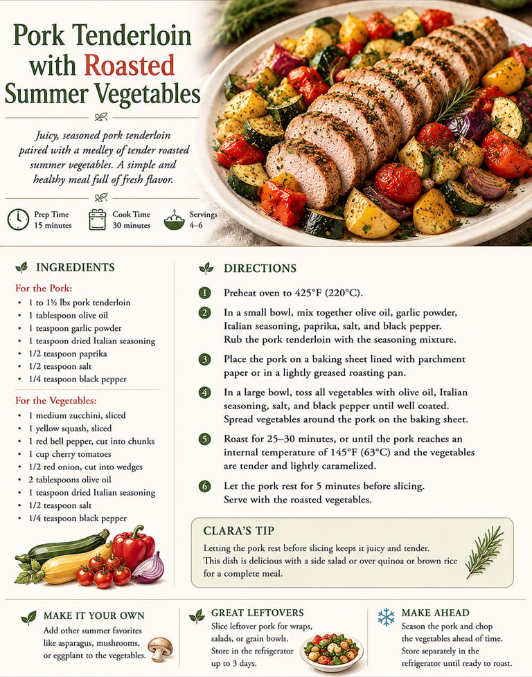 Sliced roasted pork tenderloin served on a platter with colorful zucchini, peppers, and red onions.