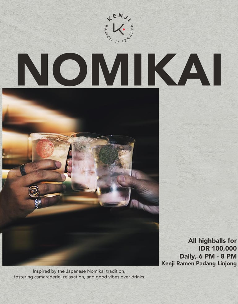 Kenji Ramen Bali Nomikai happy hour poster - highball cocktail promo at Japanese izakaya Canggu