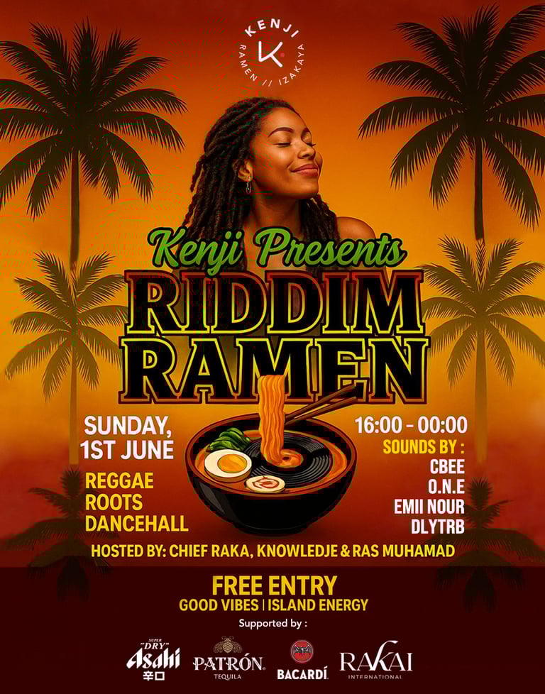 Kenji Ramen Bali RIDDIM RAMEN reggae night event poster - Japanese dining with live music Canggu