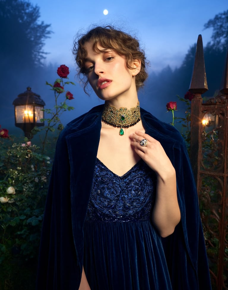 Dark fairytale look: brocade dress, antique filigree choker with black pearls and emerald, lantern mist