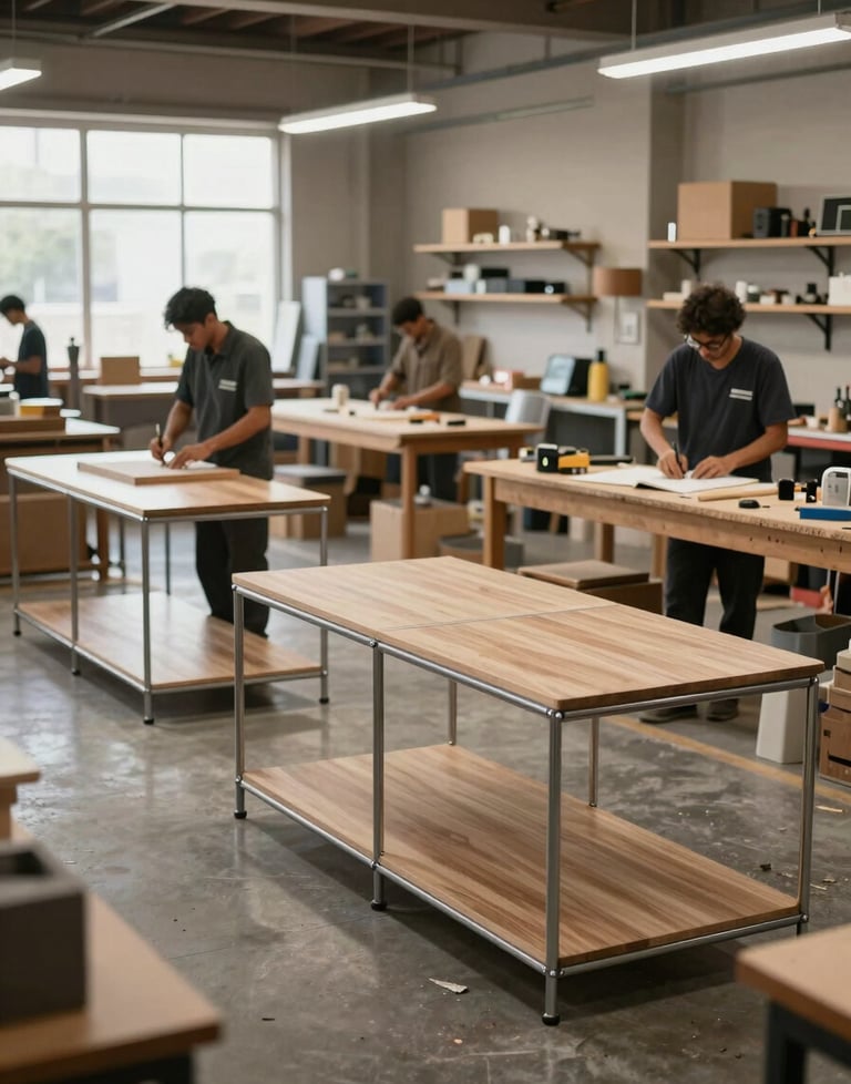 A wide shot of a modern, organized workshop in Faridabad where modular furniture is being precisely crafted by skilled technicians.