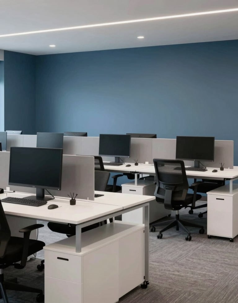 A spacious, innovative modern office interior of a software agency in North America / US. Slate blue walls, crisp white desks, high-tech workstations.
