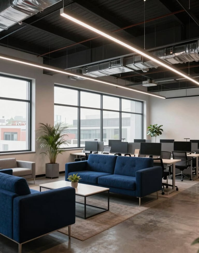 Wide shot of a modern, open-concept North American office with industrial ceilings and large windows. The interior is decorated with sleek furniture and deep blue accents.