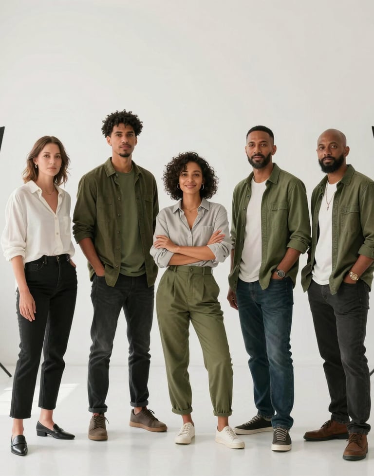 A professional portrait of a South African creative team in a bright, minimalistic Durban studio. They are surrounded by photography equipment and olive green accents, looking confident and trustworthy.
