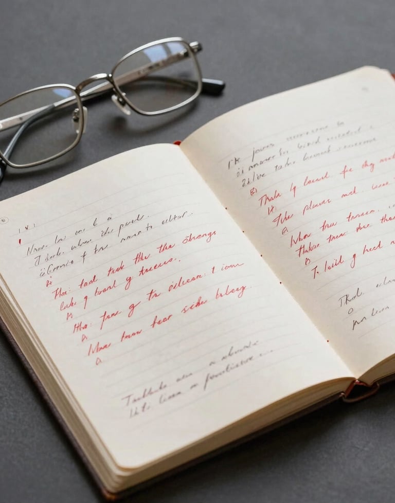 An overhead shot of a bone white manuscript with hand-written red notes on a charcoal gray background, alongside a pair of vintage silver reading glasses.