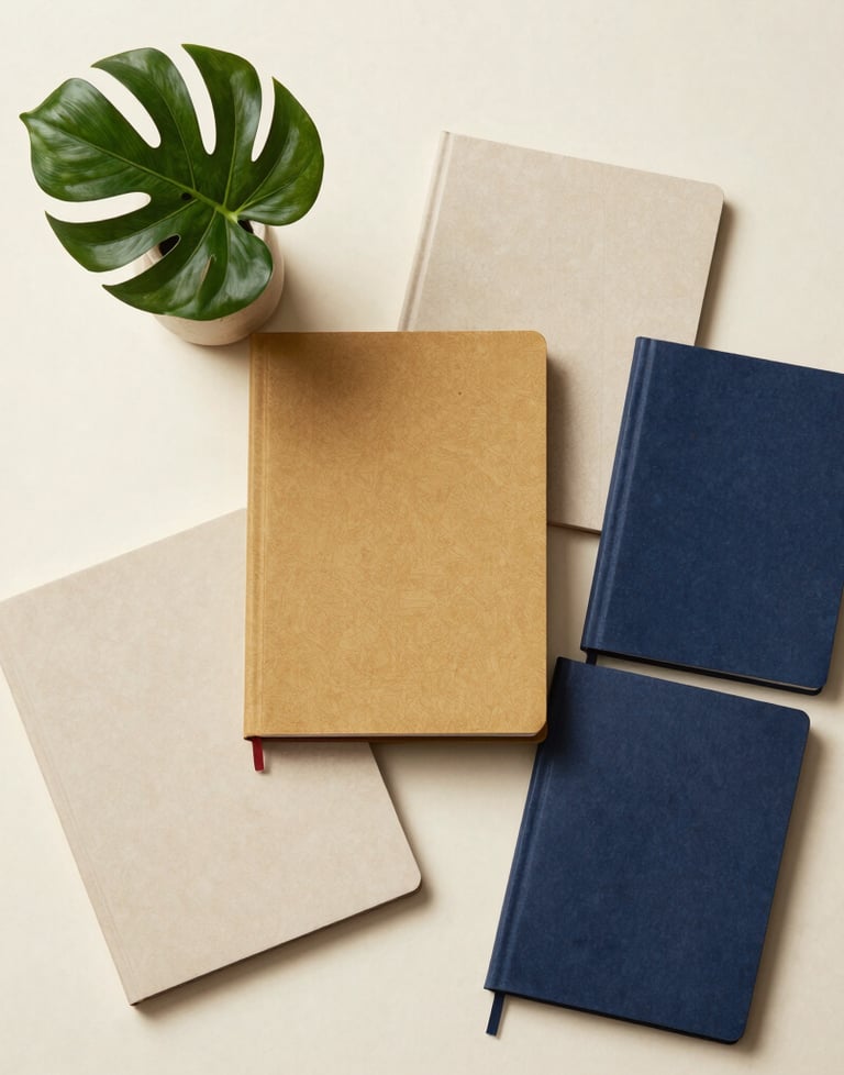 An aesthetic flat-lay of several journals on a cream surface, arranged neatly with a small vase of tropical leaves. Palette of beige, gold, and dark blue.