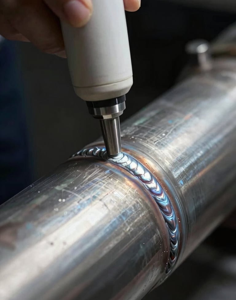 Tight close-up of an ultrasonic inspection probe pressed against the curved surface of high-pressure steel tubular, couplant gel glistening under harsh directional workshop lighting, weld seam visible in the upper frame, instrument readout reflected faintly in the steel surface, near-black background