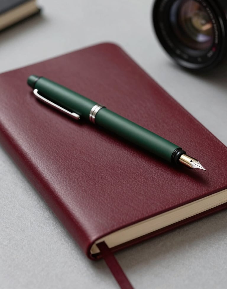 Detail shot of a creative workspace with a deep ripe crimson colored journal and a matte forest green fountain pen on a neutral grey desk.