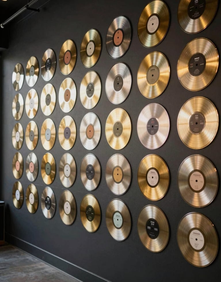 A wall covered in gold and platinum records in a stylish, dark charcoal room, symbolizing professional success and high standards.
