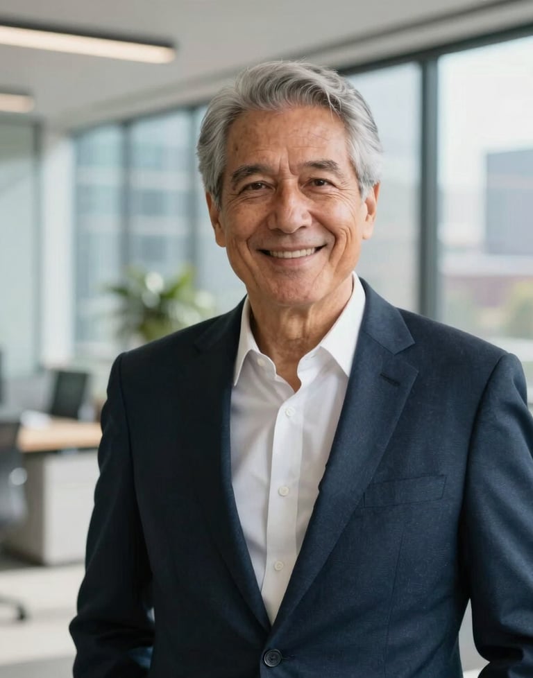 A professional and friendly portrait of a senior consultant in a modern, sunlit office in a North American city. They are wearing business attire in navy and white. The background is softly blurred to keep focus on the individual, conveying trust.