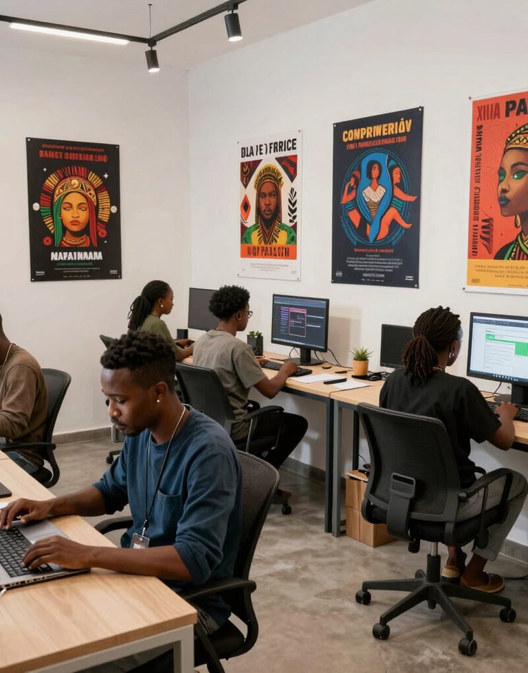 A wide shot of a modern African / Pan-African design studio. Graphic designers are working on large tablets, with event posters and digital artwork displayed on the walls.