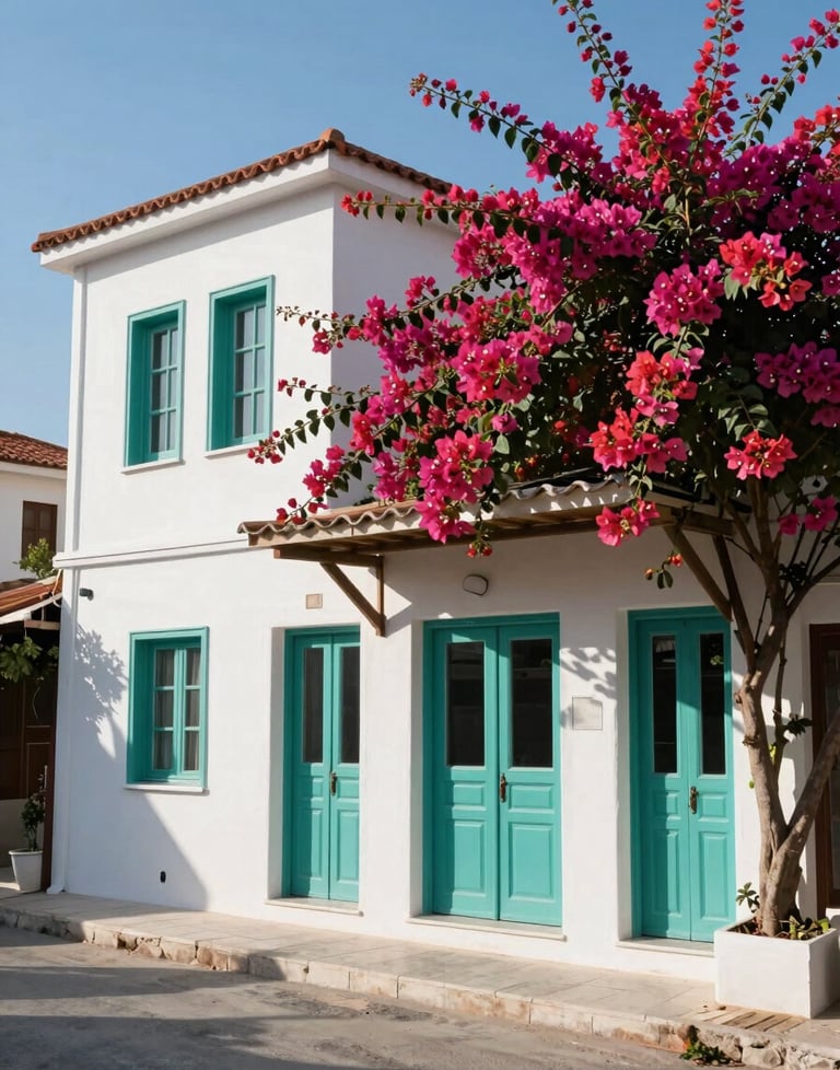 Exterior of a modern, whitewashed building with teal doors and bougainvillea flowers, typical of Bodrum architecture. Sunlit and professional. Turkish / Aegean Coast.